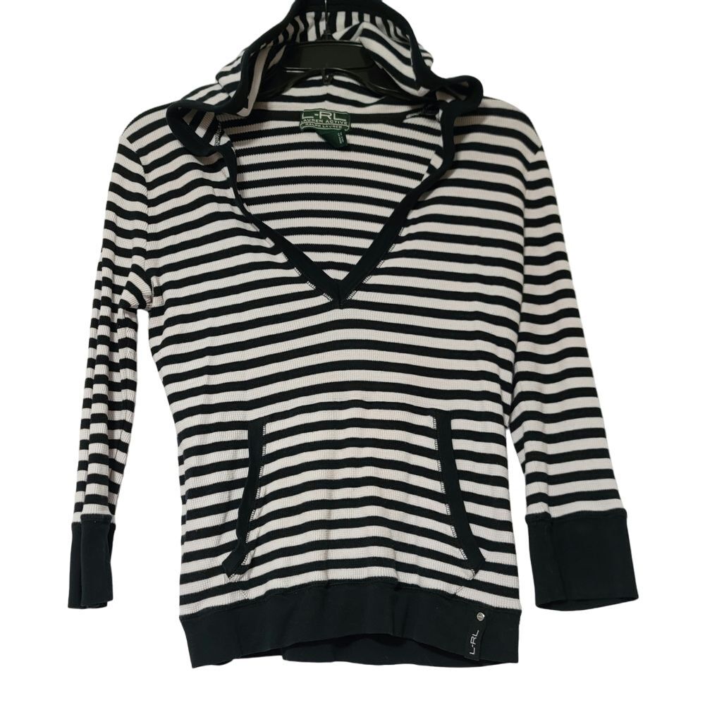Ralph Lauren Active Striped Hoodie V-Neck Pullover‎ Cotton Shirt M